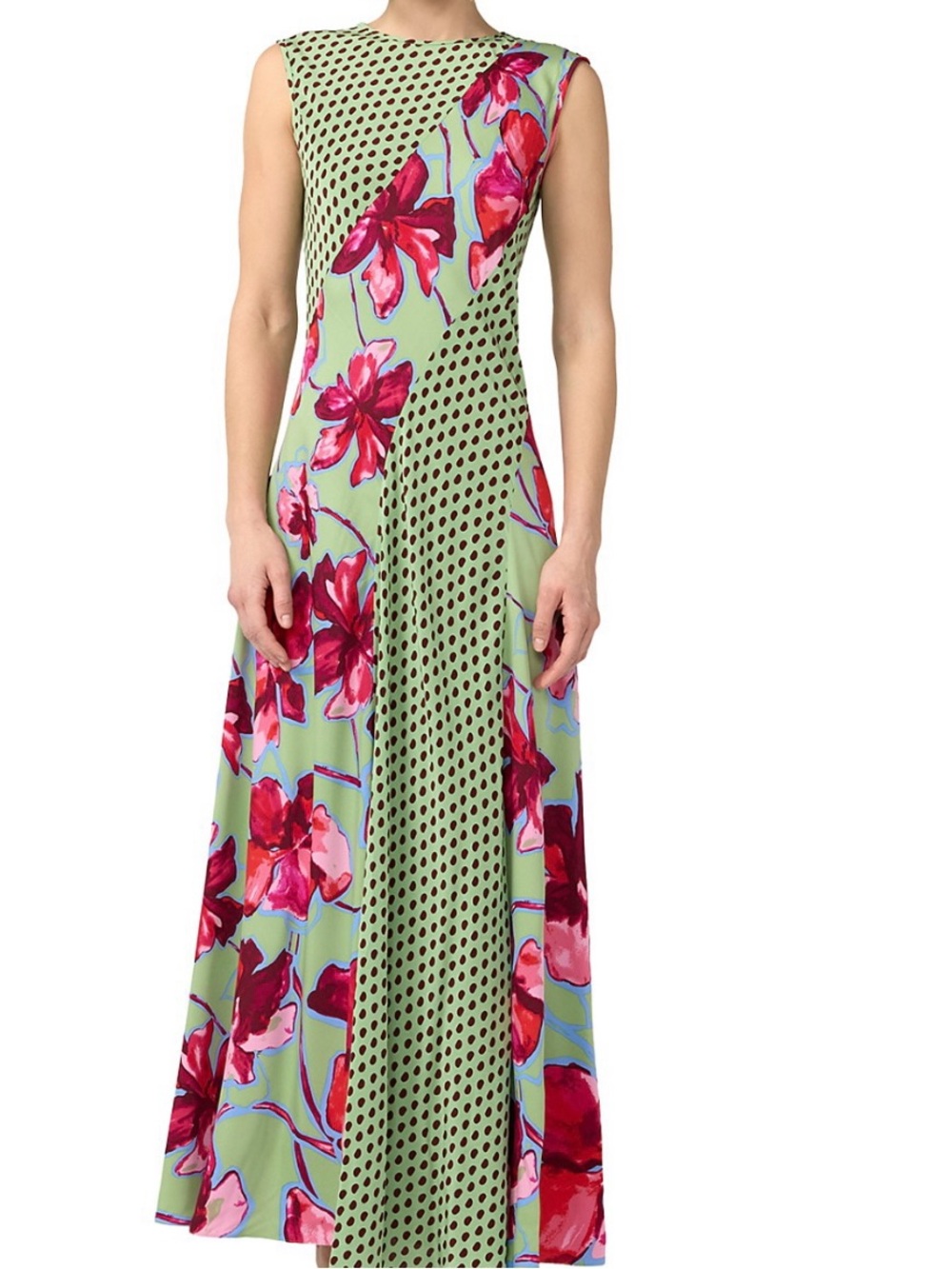 Diane Von Furstenberg Sleeveless Maxi Dress in Sage Green with Pink Floral - Picture 1 of 15